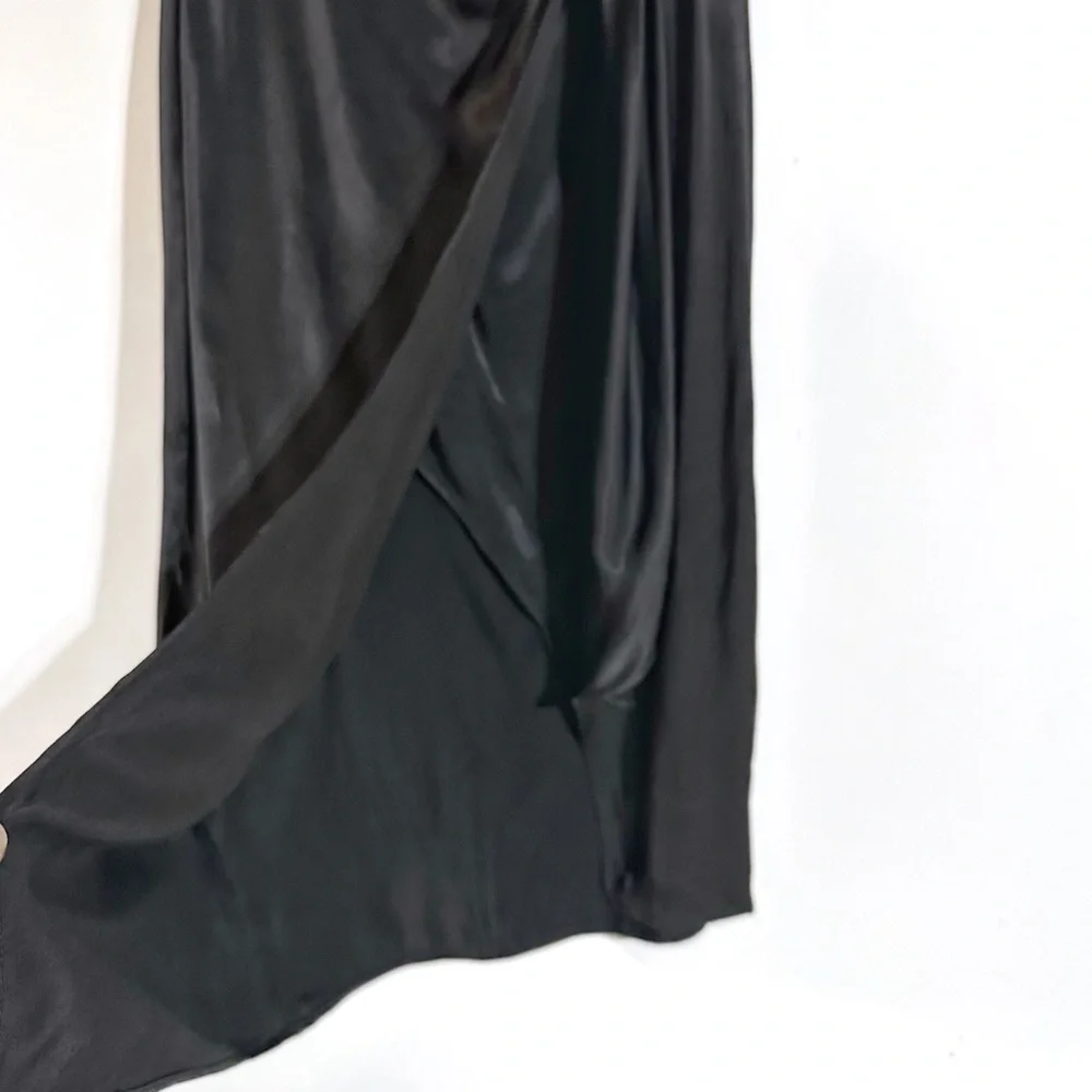 Piombo Silky Satin Faux Wrap Midi Skirt Ruching Front Slit In Black Sz 8 NWT